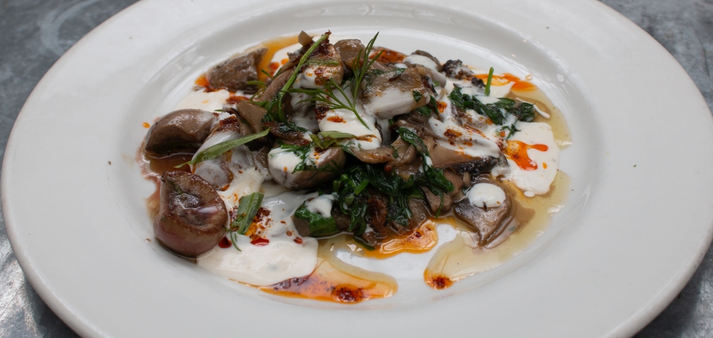 Pan-fried lamb’s kidneys with field and wild mushrooms, sweet herbs, chilli butter and seasoned yoghurt.