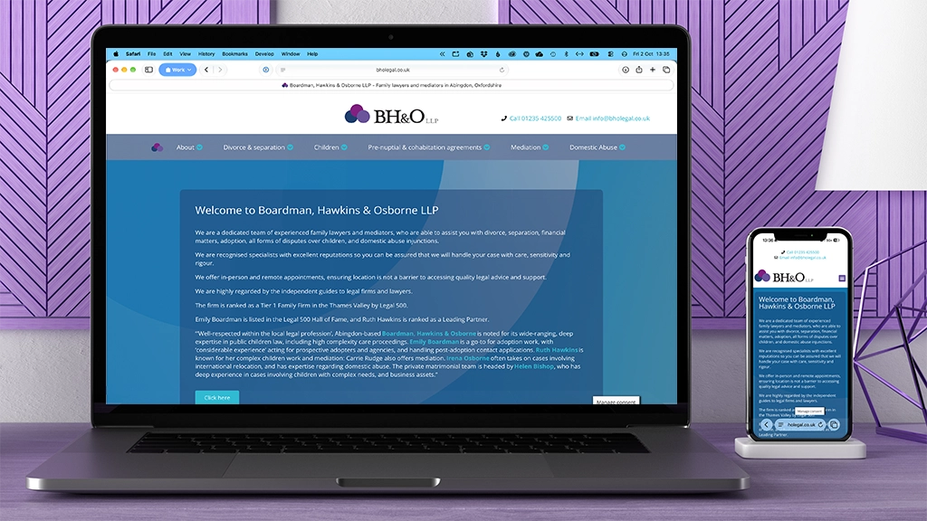 The refreshed Boardman, Hawkins & Osborne LLP website on a laptop and phone