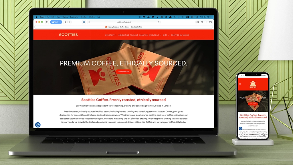 The refreshed Scotties Coffee website on a laptop and phone